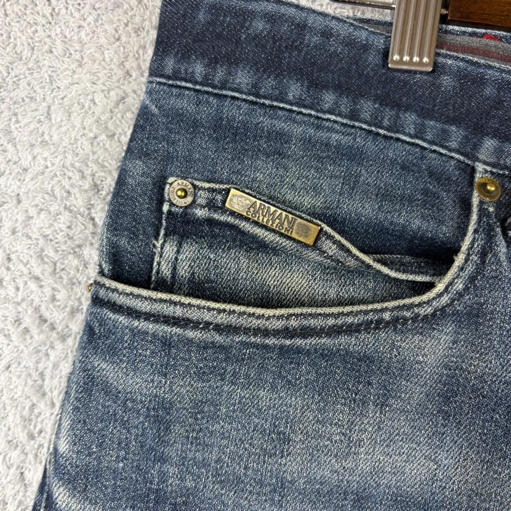 Armani Collezioni Jeans Mens 36x30 Blue Dark Wash Straight Leg Faded Whiskered